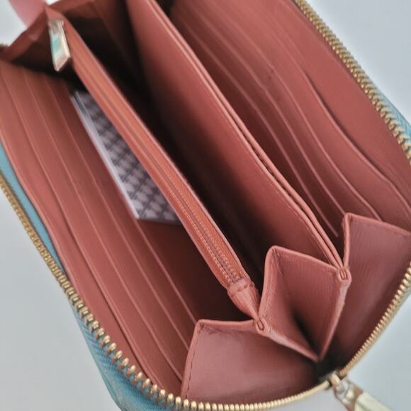 Furla Wallet Large Teal Blue Gray Two Block Genuine Leather Italian Zip Around - Picture 5 of 13